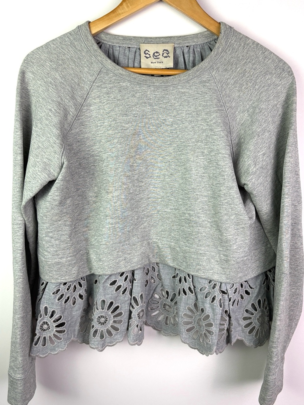 Sea New York Light Gray Lace-Hem Cropped Sweatshirt size S